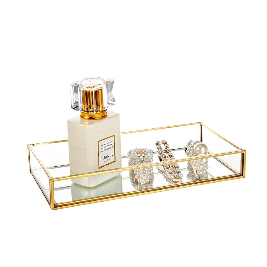 Feyarl Small Gold Clear Glass Perfume Tray Vanity Jewelry Trinket Rings Earrings Organizer Tray C... | Amazon (US)