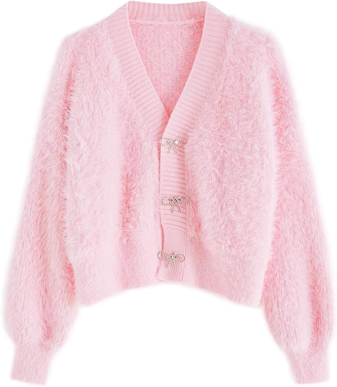 CHICWISH Women's White/Red/Black/Pink/Mint Bowknot Brooch Button Up Crop Knit Cardigan | Amazon (US)