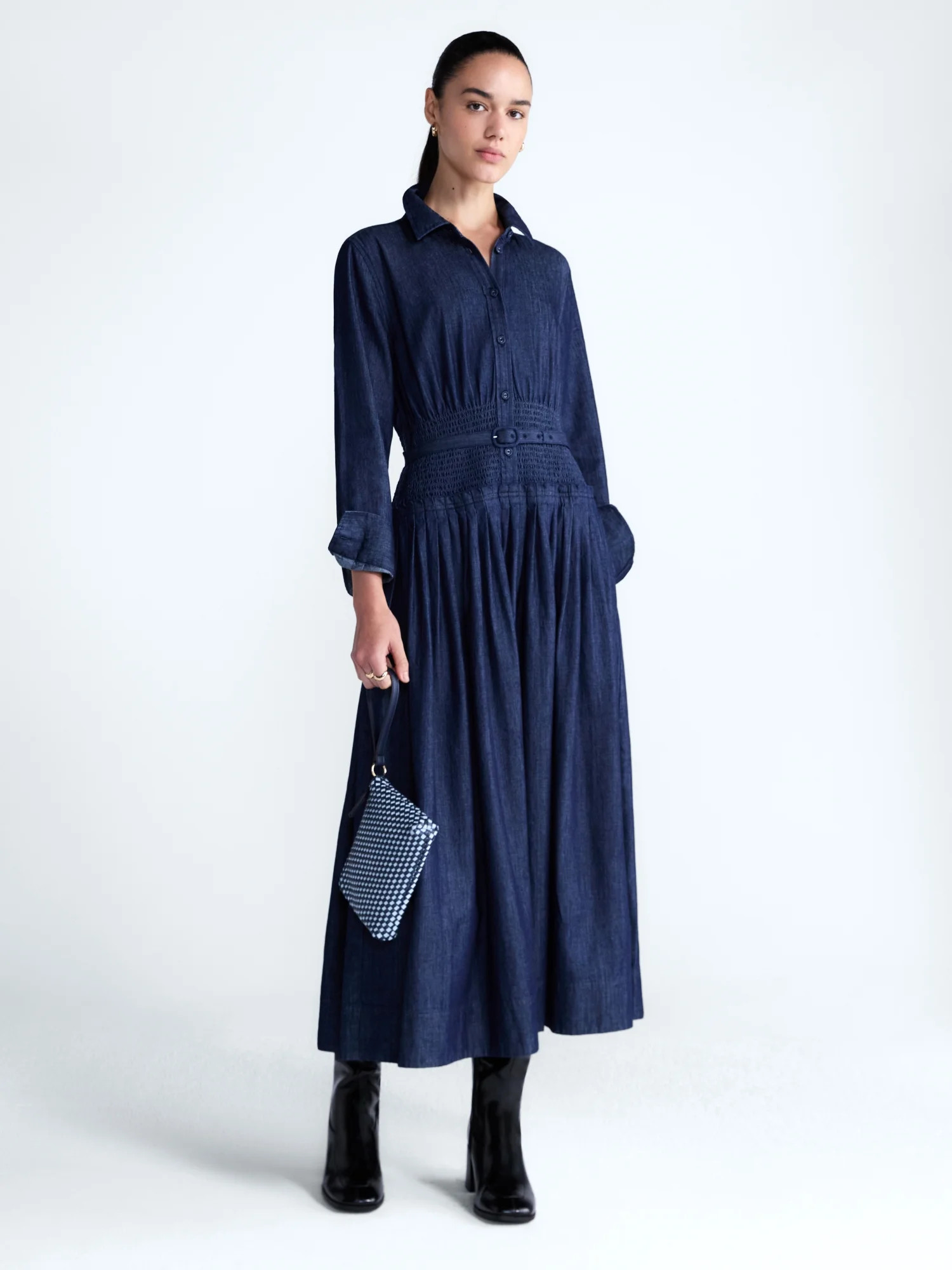 Free Assembly Women's Belted Smocked Waist Denim Midi Shirtdress, Sizes XS-XXL | Walmart (US)