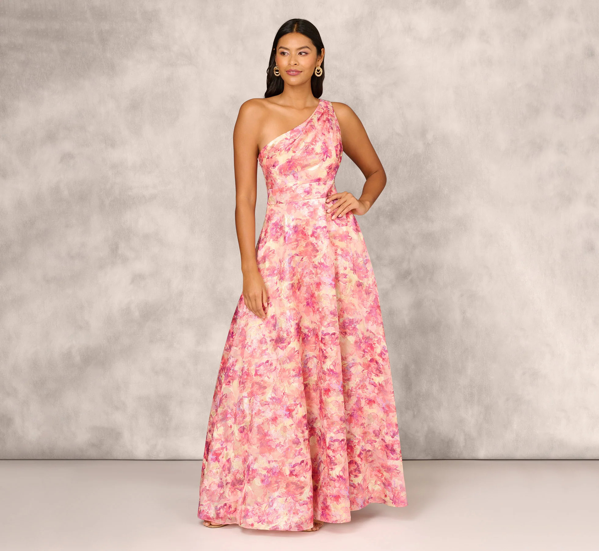Printed Jacquard One Shoulder Ball Gown With Pleat Details In Red Multi | Adrianna Papell