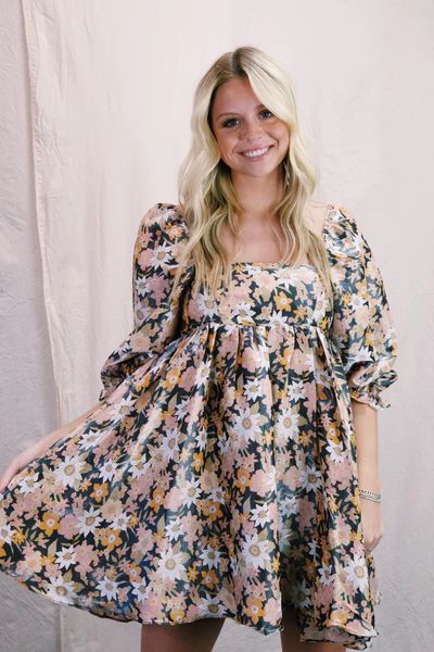 Milee Puff Sleeve Floral Dress, Black Floral | North & Main Clothing Company