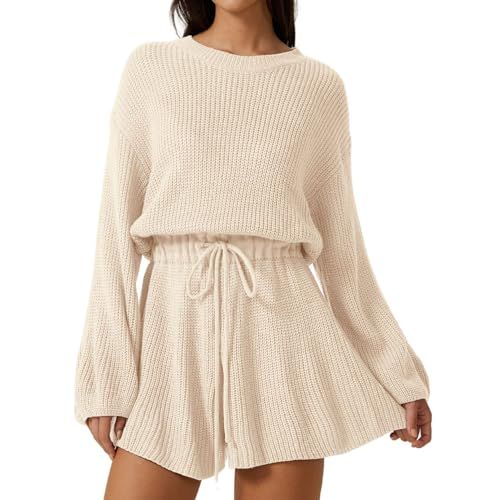 Meyeeka Knit Romper for Women Long Sleeve Wide Leg Sweater Casual Loose Drawstring Short Jumpsuit | Amazon (US)