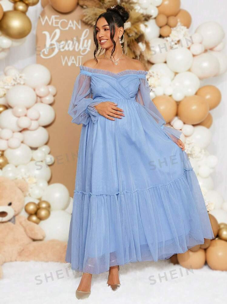 Loomaby Maternity Solid Color Off Shoulder Long Sleeve Dress, Baby Shower Party | SHEIN