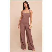Chocolate Premium Woven Halter Neck Wide Leg Jumpsuit | PrettyLittleThing US