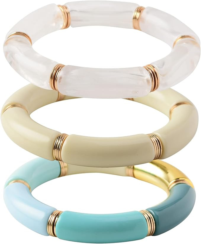 Bamboo Tube Bangles Bracelet Chunky Curved Stacking Clear Acrylic Colorful Beads Stretchable Frie... | Amazon (US)