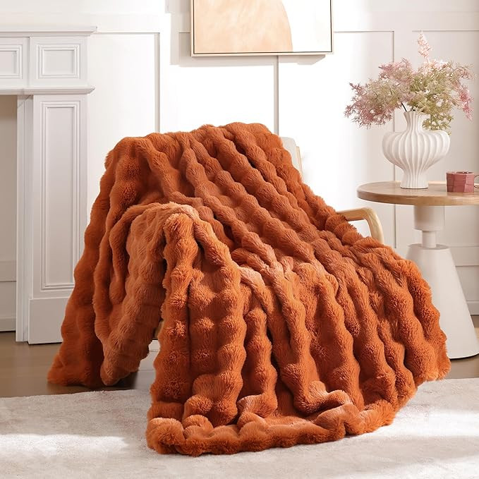 Smoofy Faux Fur Fall Throw Blanket for Couch – Burnt Orange Fluffy Cozy Rabbit Fleece, Plush So... | Amazon (US)
