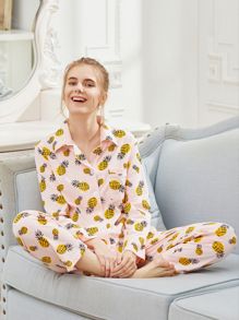 Pineapple Print Revere Collar Pajama Set | ROMWE