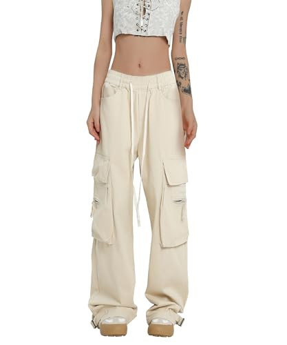 Bakyarder Women Cargo Pants Y2k Hip Hop Jogger Sweatpant Straight Wide Leg High Waisted Casual Pants White | Amazon (US)