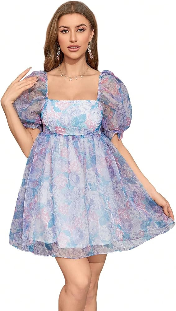 WDIRARA Women's Tie Dye Floral Print Square Neck Puff Sleeve High Rise Flare Organza Dress | Amazon (US)