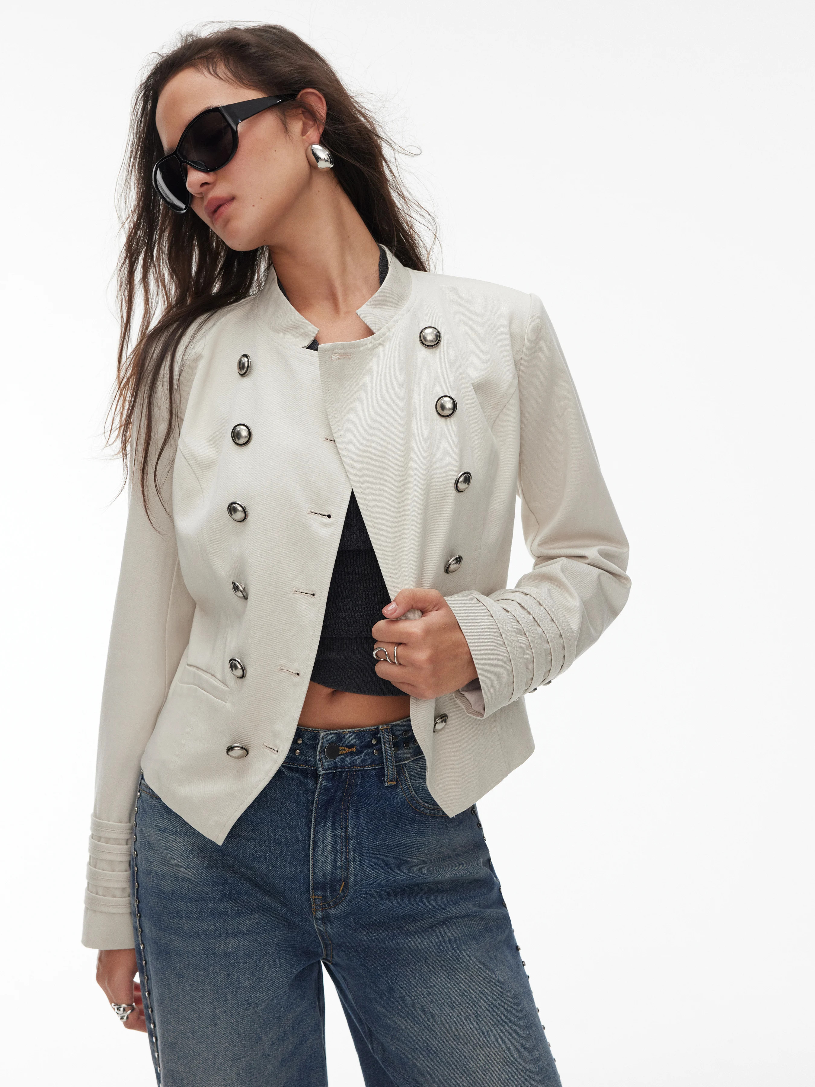 Woven Napoleon Cotton-blend Stand Collar Double Breasted Jacket With Metal Detail For Daily Casua... | Cider