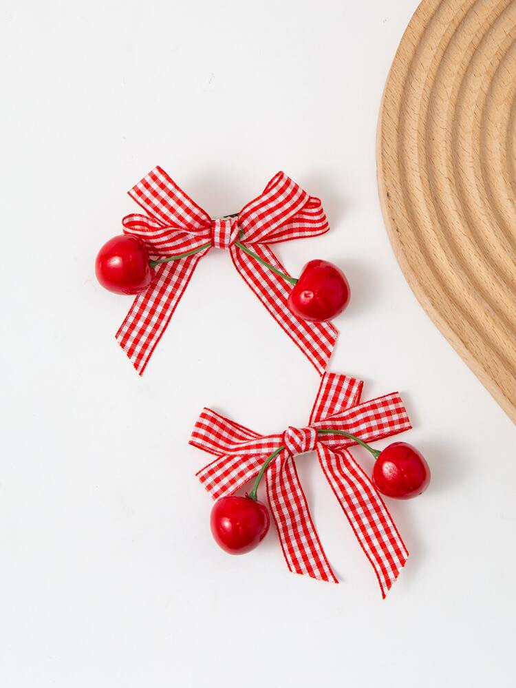 2pcs Gingham Pattern Bow & Cherry Decor Alligator Hair Clip | SHEIN