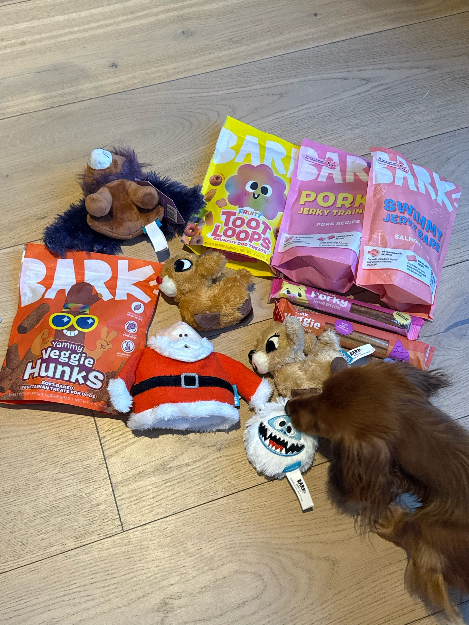 Lady’s first bark box! Subscribe now for a FREE Double Deluxe upgrade for 2 extra Rudolph/Home Alone toys and 2 extra bags of treats in your first box @bark #BarkPartber #Ad