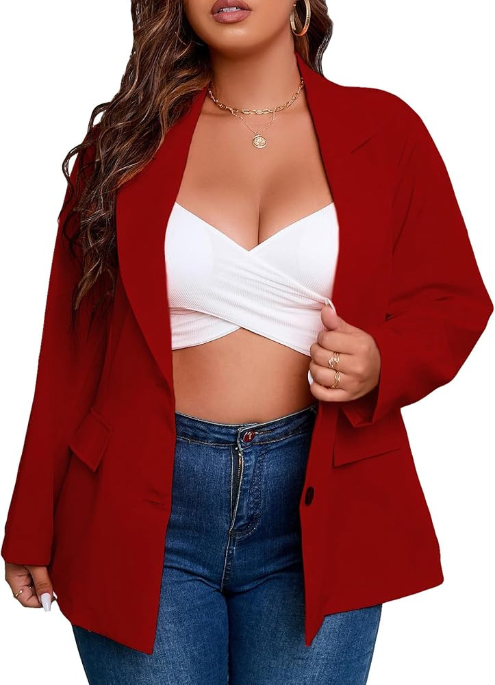 Floerns Women's Plus Size Long Sleeve Lapel Open Front Work Office Blazer Jacket | Amazon (US)