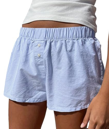 Y2k Boxer Shorts for Women Micro Pajamas Shorts Gingham Plaid Checkered Pj Sleep Shorts Low Rise Lounge Shorts (Striped Blue, L) | Amazon (US)