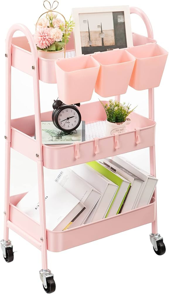 danpinera 3-Tier Rolling Cart, Metal Rolling Storage Cart with Lockable Wheels & Hanging Cups & H... | Amazon (US)