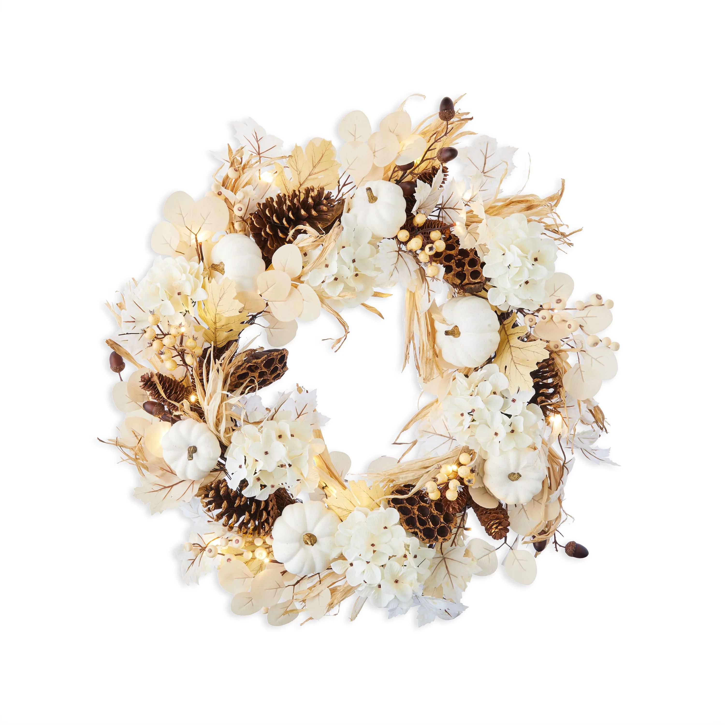 Way to Celebrate! 30" Pre-Lit Fall Wreath, White Floral and Leaf Mix, for Fall Decoration | Walmart (US)