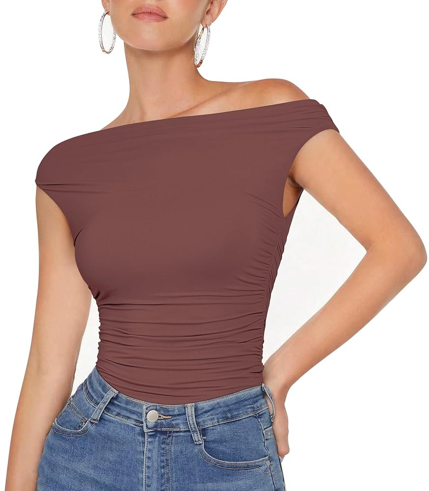 OMKAGI Women One Off Shoulder Y2K Tops Double Lined Slim Fit T Shirts Basic Tees | Amazon (US)
