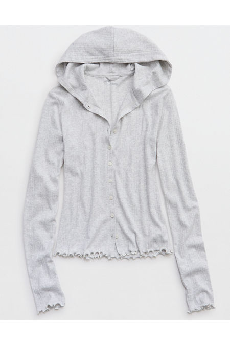 Aerie Pointelle Long Sleeve Hoodie Women's Light Heather Gray XXS | American Eagle Outfitters (US & CA)