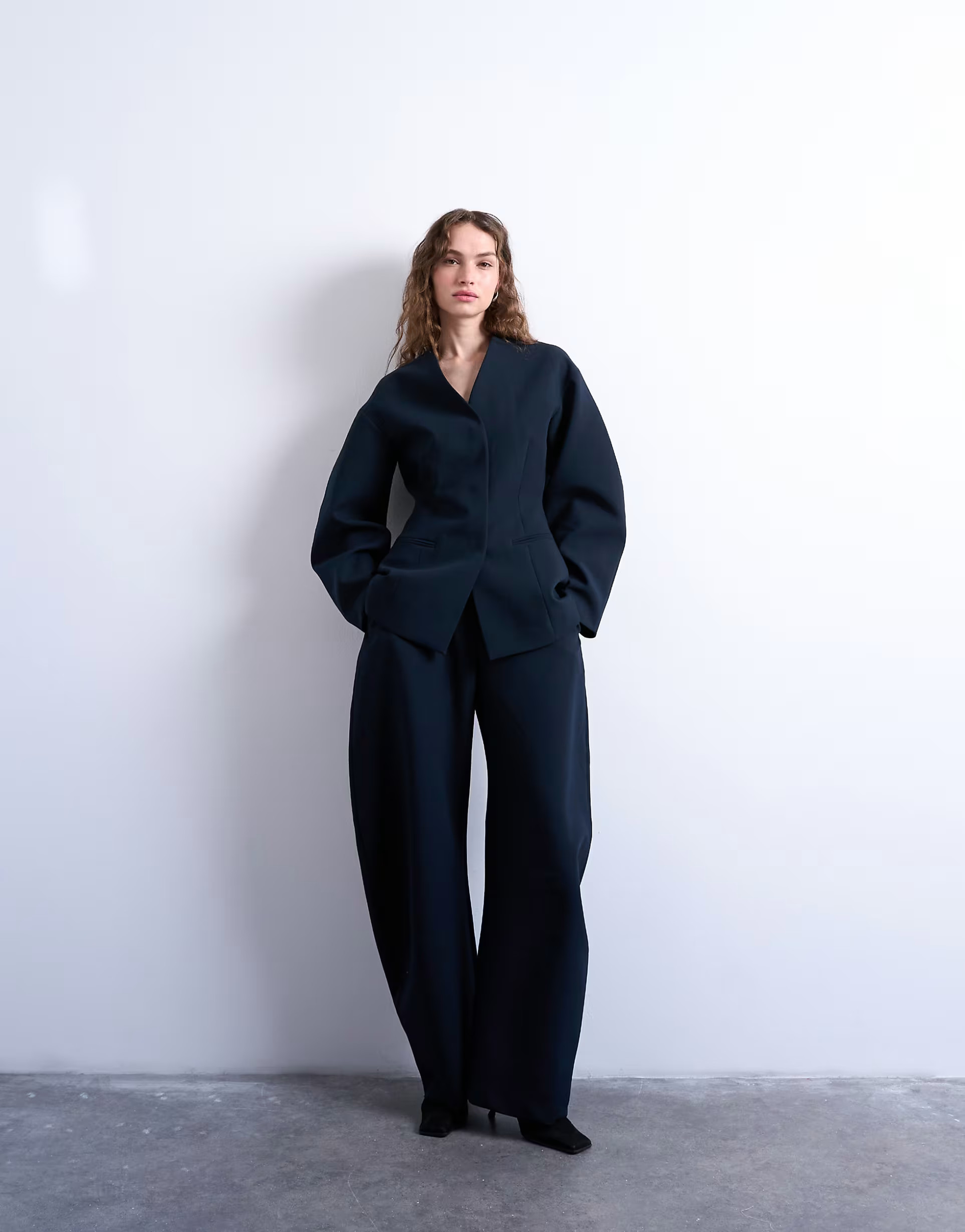 Topshop barrel leg tailored trousers in navy | ASOS (Global)
