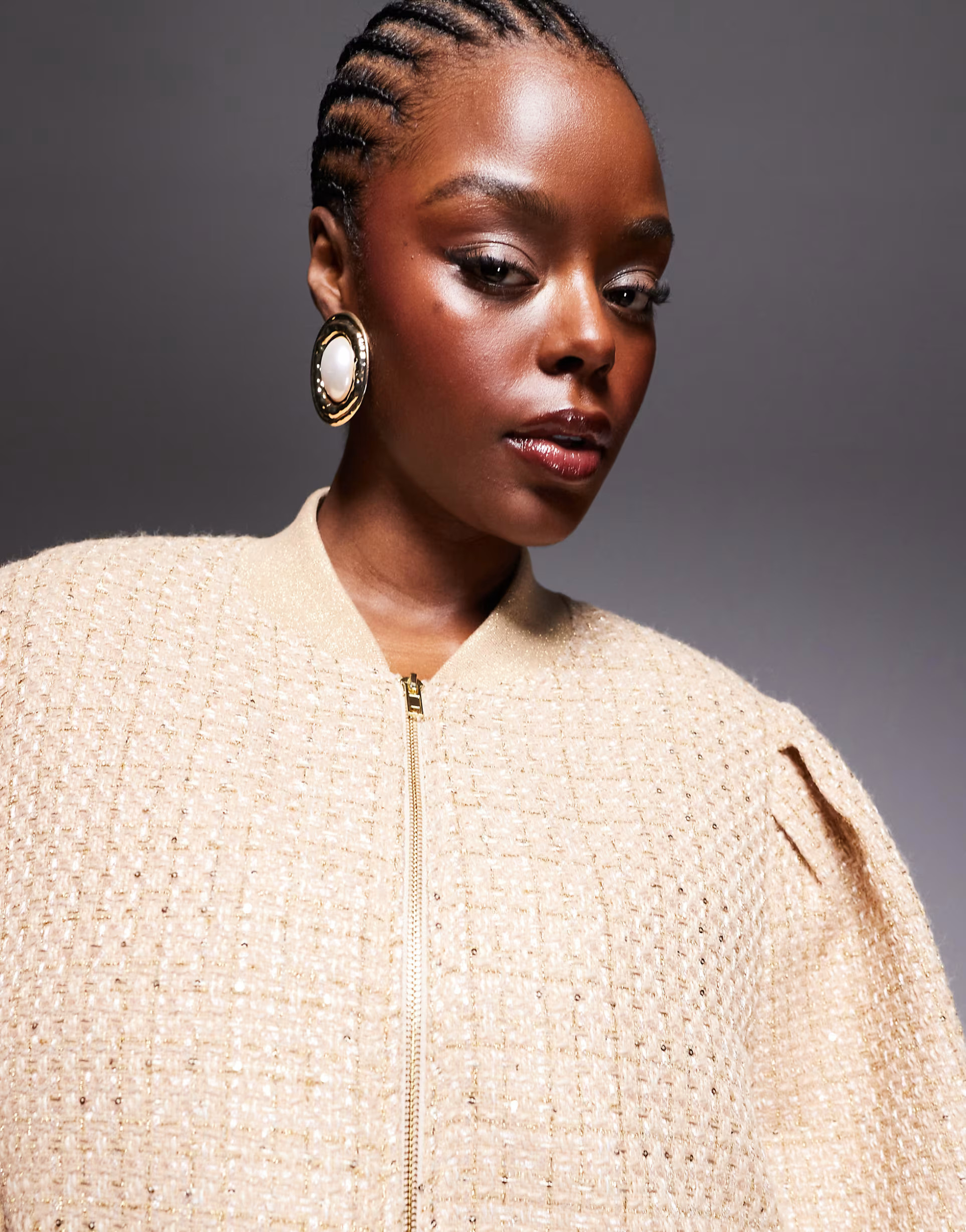 ASOS LUXE Curve embellished boucle bomber jacket in gold | ASOS (Global)