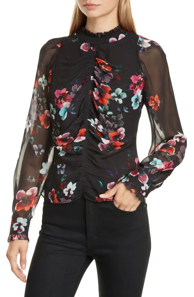 Floral Ruched Sheer Sleeve Silk Georgette Blouse | Nordstrom