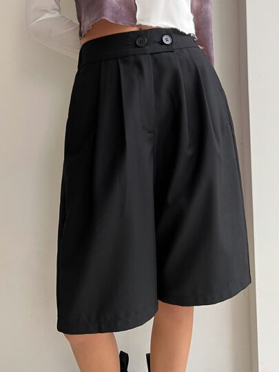 DAZY High Waist Plicated Detail Slant Pocket Bermuda Shorts | SHEIN