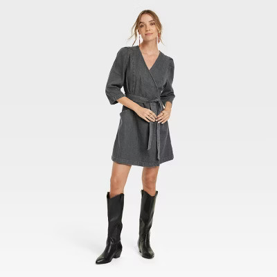 Women's Puff Short Sleeve Denim Wrap Dress - Universal Thread™ | Target