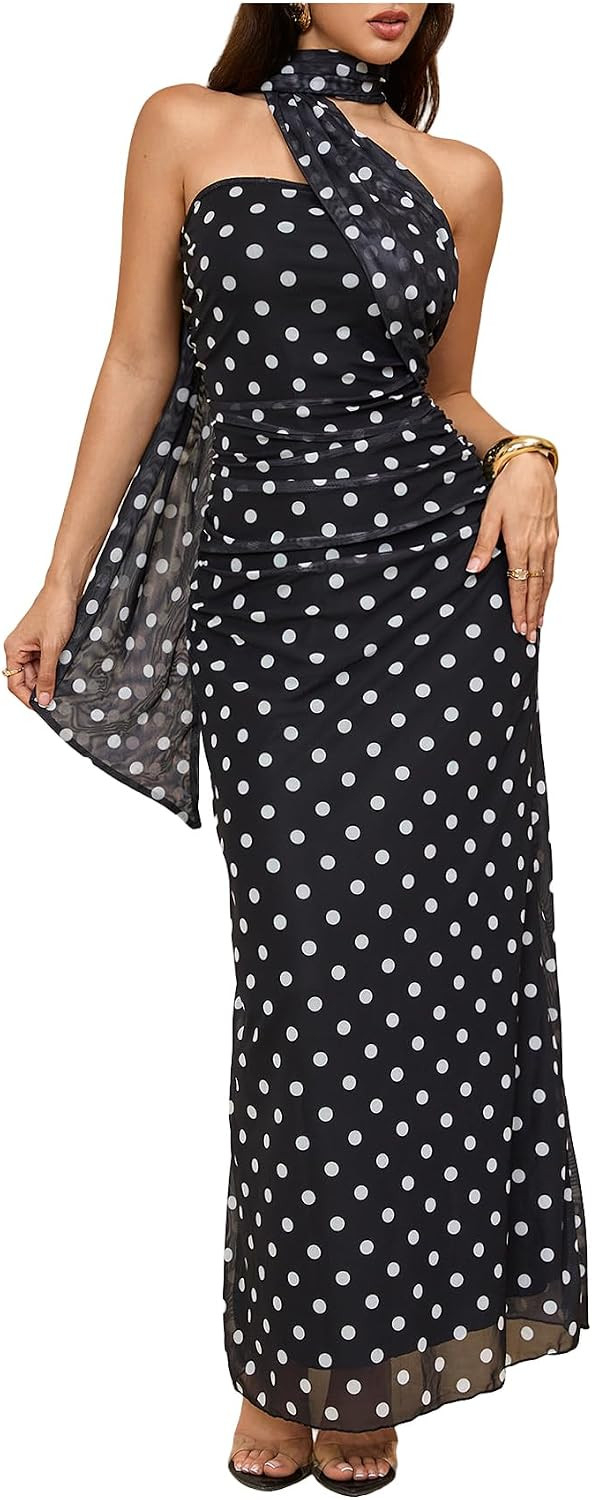 Milumia Women's Polka Dots Formal Work Wedding Guests Halter Maxi Dresses | Amazon (US)