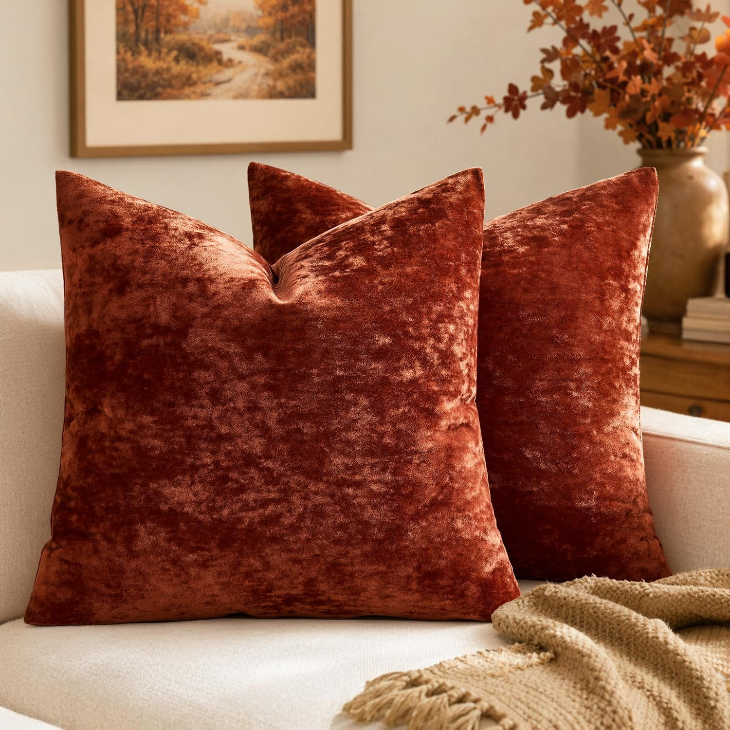 MIULEE Fall Velvet Throw Pillow Covers Rust 18x18 inch Set of 2 | Amazon (US)