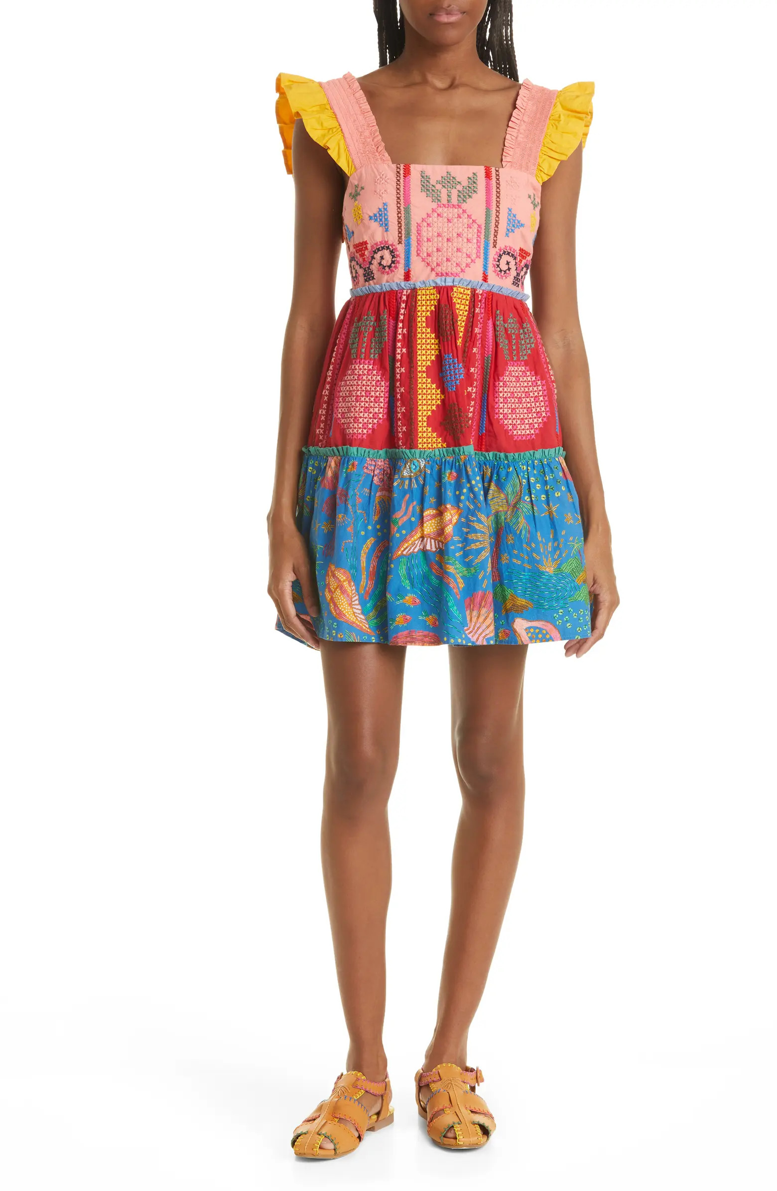 FARM Rio Embroidered Colorblock Flutter Sleeve Minidress | Nordstrom | Nordstrom