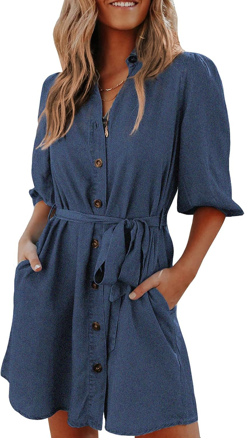 Sidefeel Womens V Neck Button Down Polka Dot Printed Short Sleeve Mini Dresses | Amazon (US)