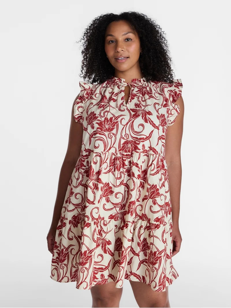 Time and Tru Women's and Women's Plus Tiered Cotton Mini Dress with Flutter Sleeves, Sizes XS-4X | Walmart (US)