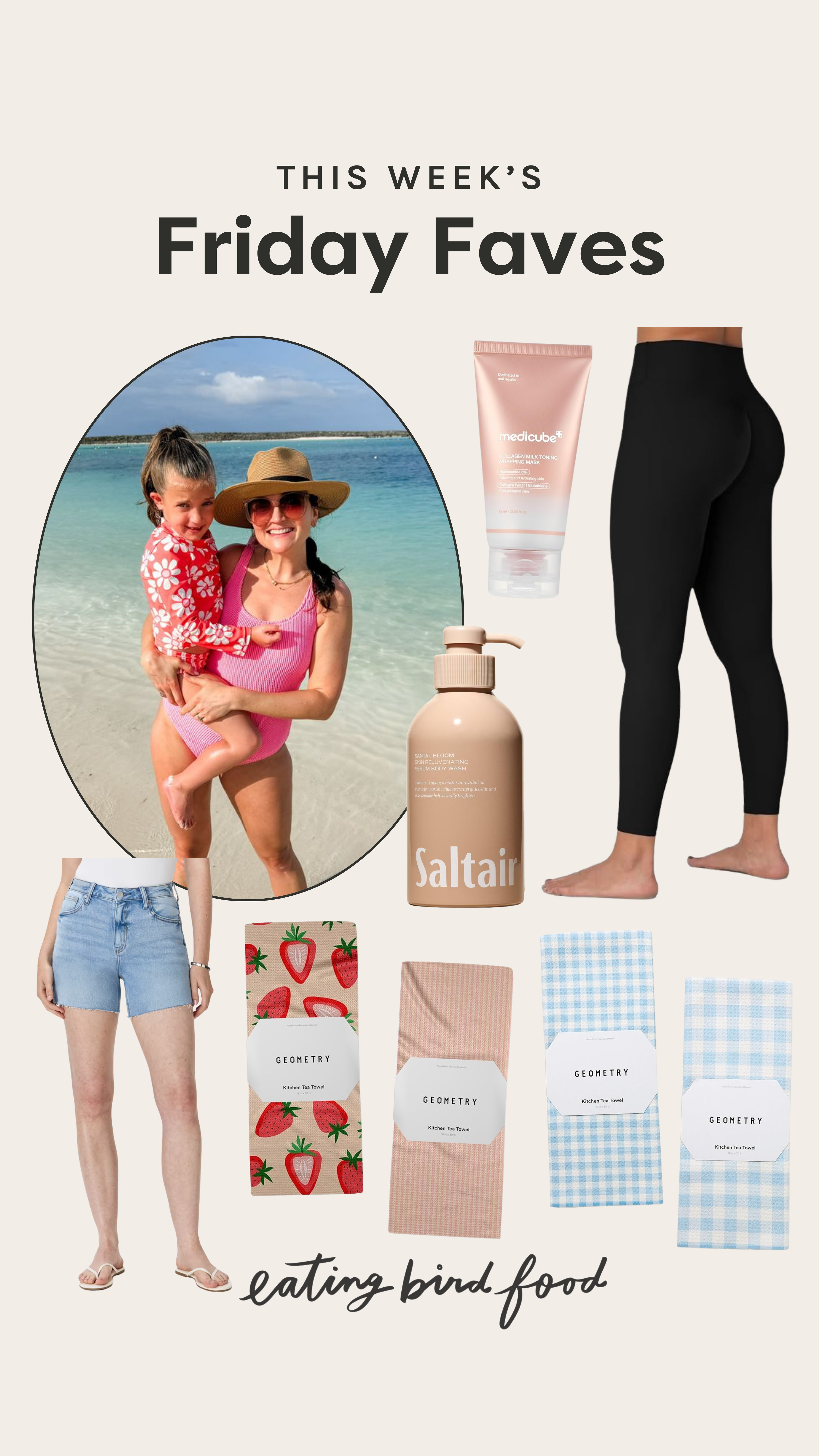 Friday Faves 4/10 - March Favorites!

(1) Saltair Santal Bloom Serum Body Wash: I’ve been using this body wash for months now and it makes my skin feel so soft and hydrated after every shower. The scent is warm and subtle without being overpowering, and it feels a little more elevated than your typical body wash.

(2) Geometry Kitchen Towels: These are my absolute fave kitchen towels. They’re super absorbent, dry quickly, and the patterns add a pop of color that makes everyday kitchen cleanup feel a little less boring. The spring prints are so pretty.

(3) Sunzel (Booty Lift) Leggings: I was honestly surprised by how subtly flattering these leggings are. The scrunch detail gives a nice lift, and the fabric is soft, stretchy, and stays in place whether I’m working out or just running around.

(4) Medicube Collagen Daytime Peel Off Mask: I’ve been using this mask whenever my skin needs a quick refresh. It goes on smoothly, sets into a light film, and peels off clean. I love that I can wear it during the day (only takes 20 mins) and let it do its thing while I go about my routine.

(5) Target One-Piece Textured Swimsuit: The textured swim look has been everywhere, and I love how flattering this Target suit is. The classic scoop neck looks great and it's actually comfortable for afternoons at the pool with my kids.

(6) Quince Bella Stretch Denim Shorts: I’ve been reaching for these every time the sun is out. They have just the right amount of stretch while still looking like classic denim. The fit hits that sweet spot between relaxed and flattering.
 

 #LTKSeasonal #LTKTravel