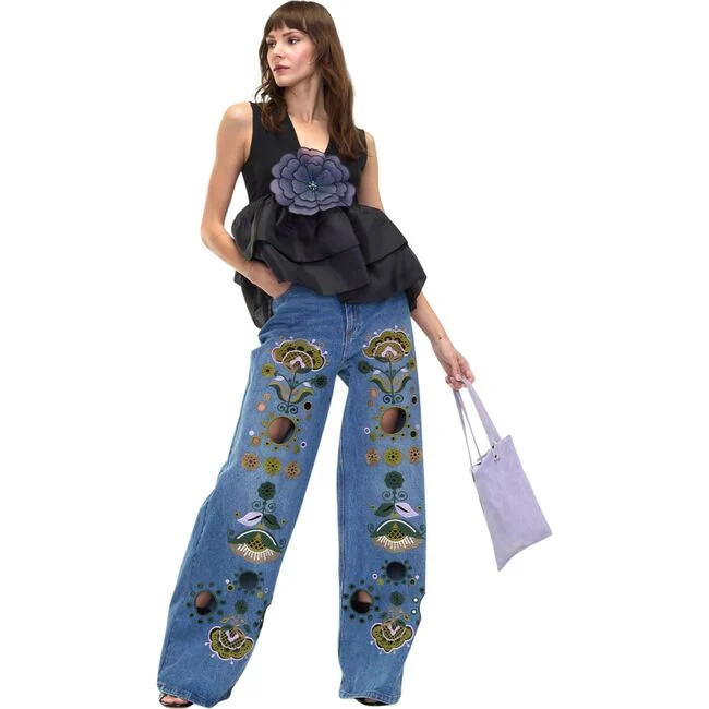 Cynthia Rowley | Embroidered Wide-leg Jean, (Blue Multi, Size 29) | Maisonette | Maisonette
