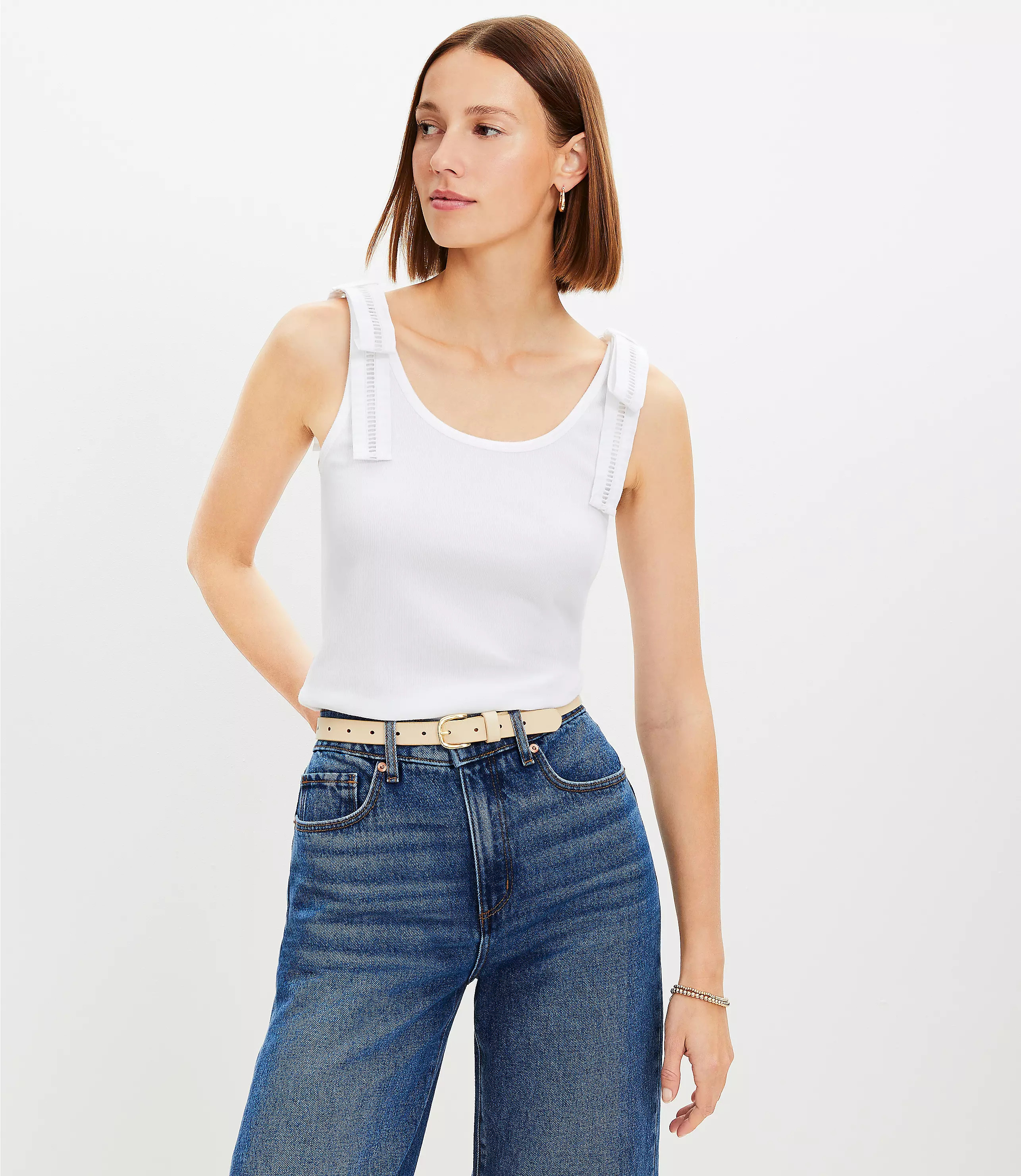 Poplin Ribbed Tie Shoulder Mixed Media Tank Top | LOFT