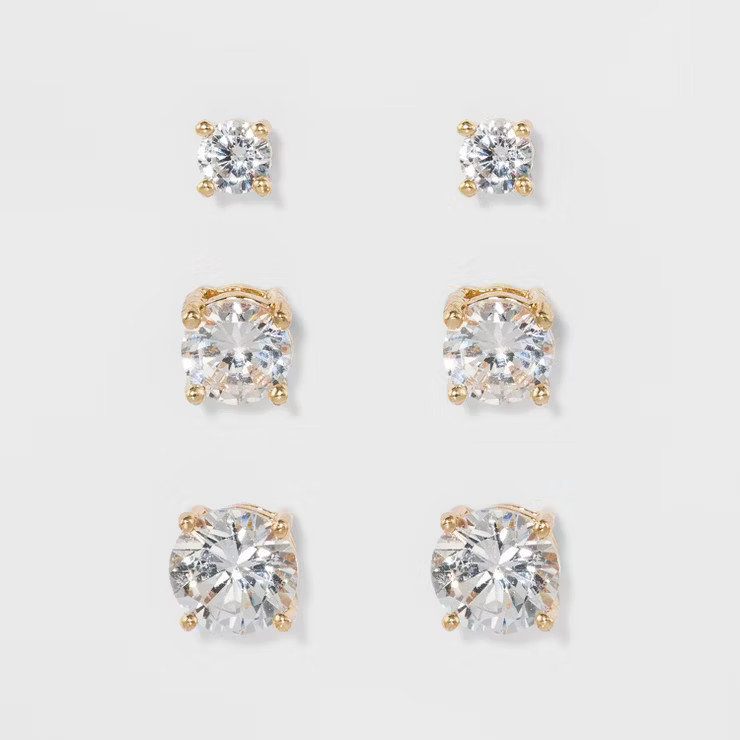 Women's Fashion Trio Crystal Round Stud Earring Set 3pc - A New Day™ | Target