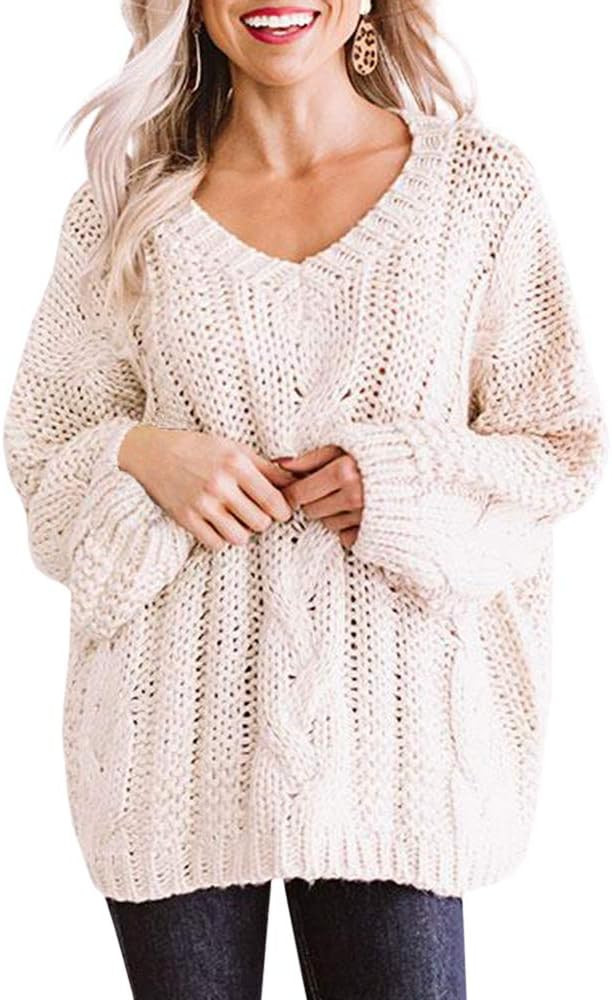 YONYWA Womens Oversized V-Neck Batwing Long Sleeve Loose Fit Chunky Knit Jumper Pullovers Sweaters | Amazon (US)