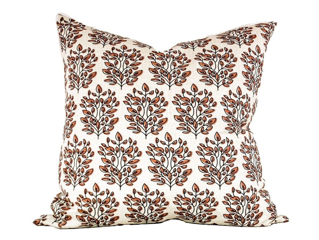 Rust and Off White Floral Pillow Cover / Block Print Style Throw Pillow / Modern Pillow, Farmhous... | Etsy (US)