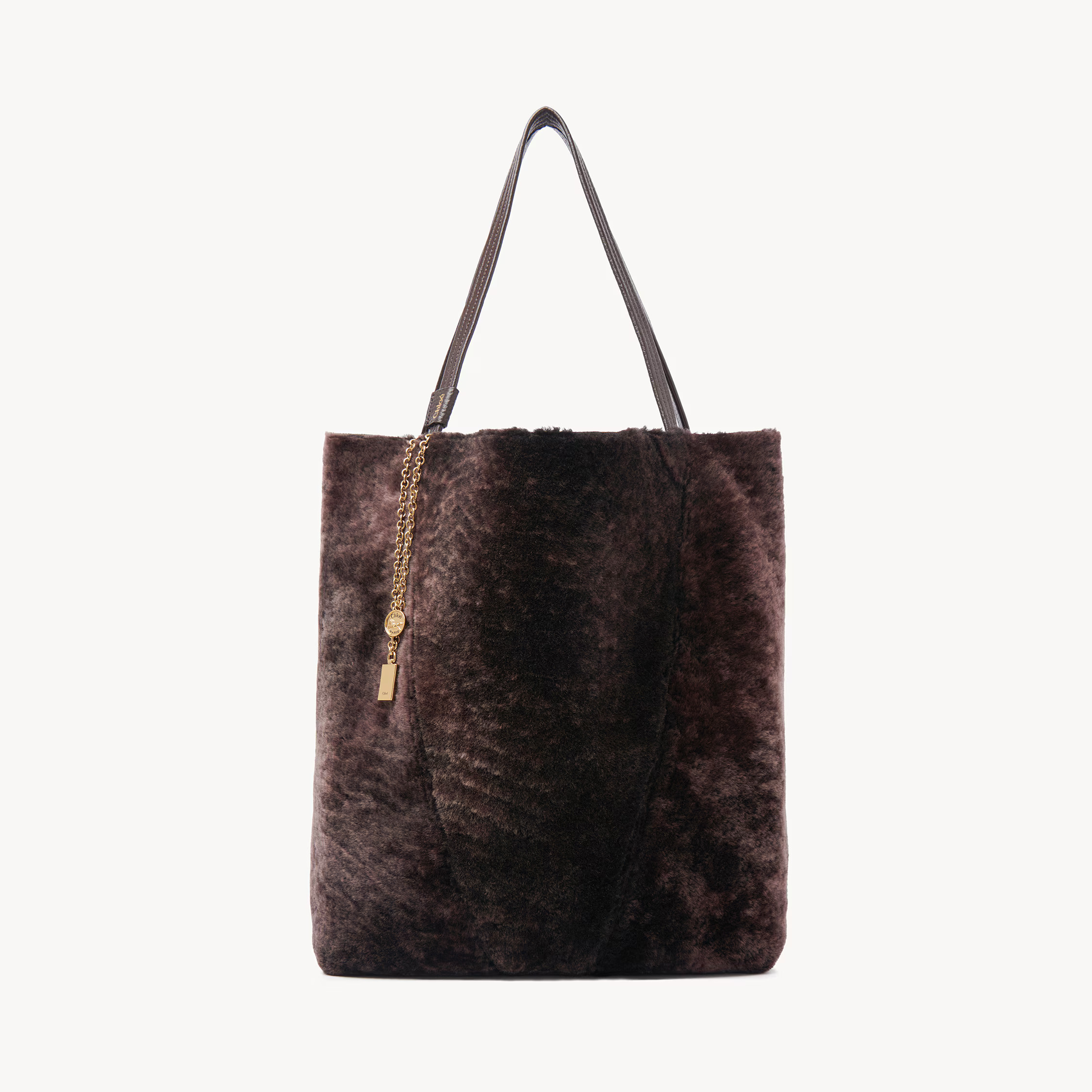 Chloé - Large Chloé Spin tote bag in shearling - Kohl Brown - Single Size - Domestic Lamb | Chloe US