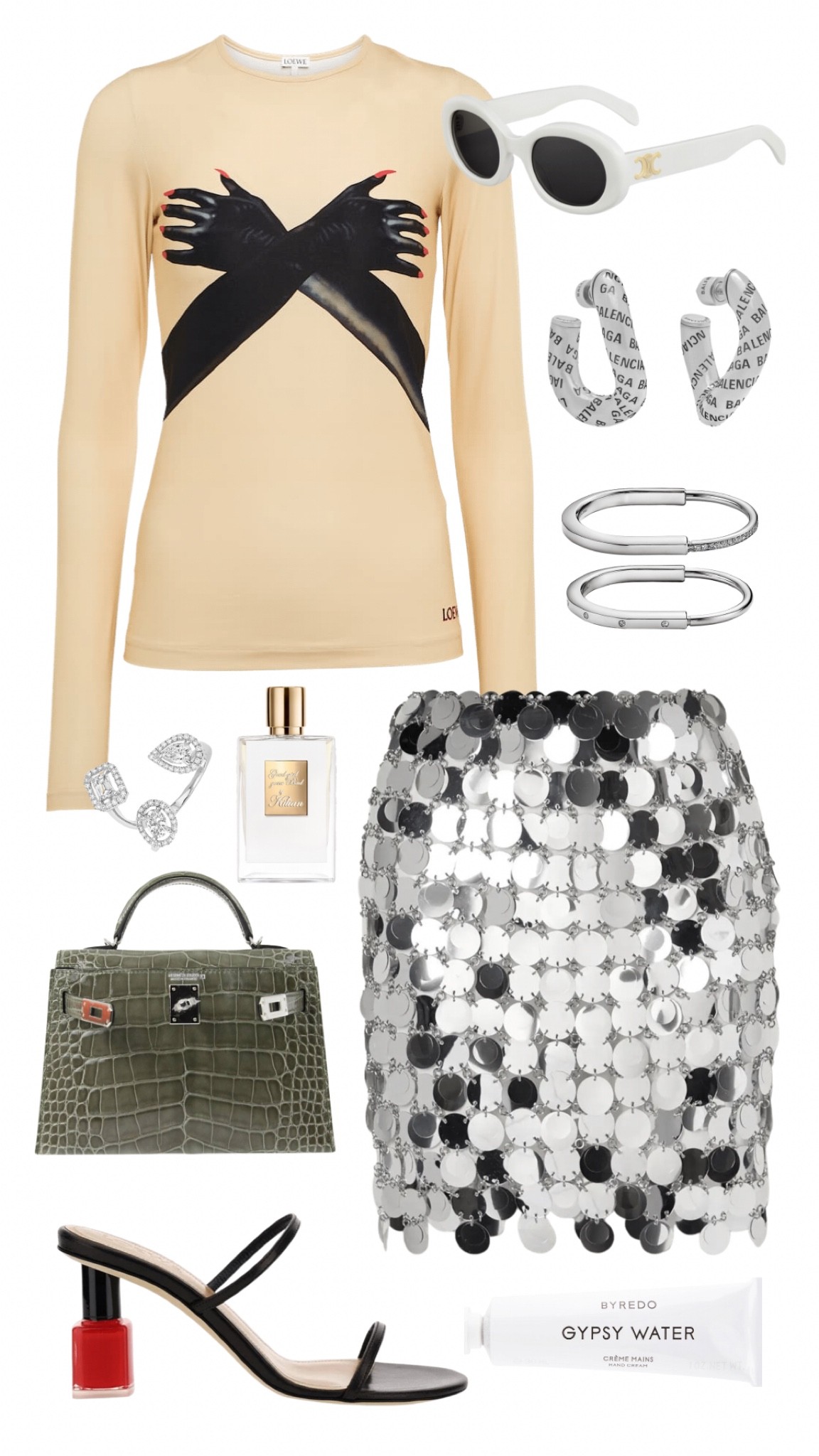 loewe top 
paco rabanne skirt
loewe heels 
hermes croc mini kelly 
celine sunglasses 
balenciaga earrings
messika ring
tiffany lock bracelet 
kilian good girl gone bad perfume 
byredo gypsy water hand cream 

#LTKstyletip #LTKfit #LTKitbag