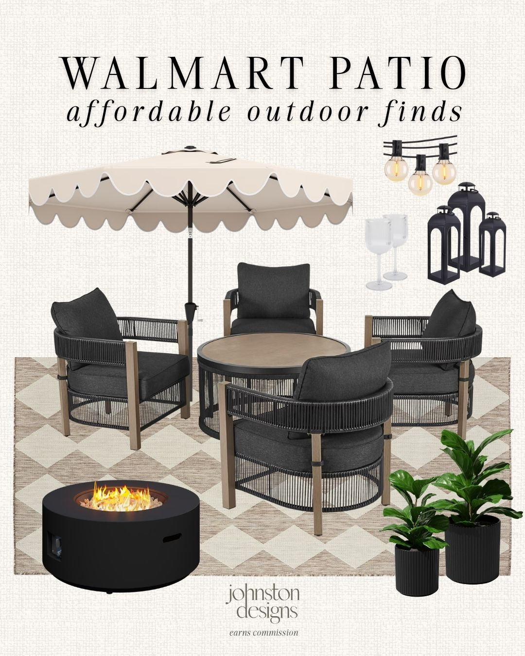 Walmart patio finds with affordable outdoor pieces for a cozy summer setup. 🌿

Walmart patio, affordable outdoor finds, patio furniture, outdoor rug, scalloped umbrella, fire pit, string lights, black lanterns, planter set, summer hosting, backyard decor, outdoor living 

 #LTKHome