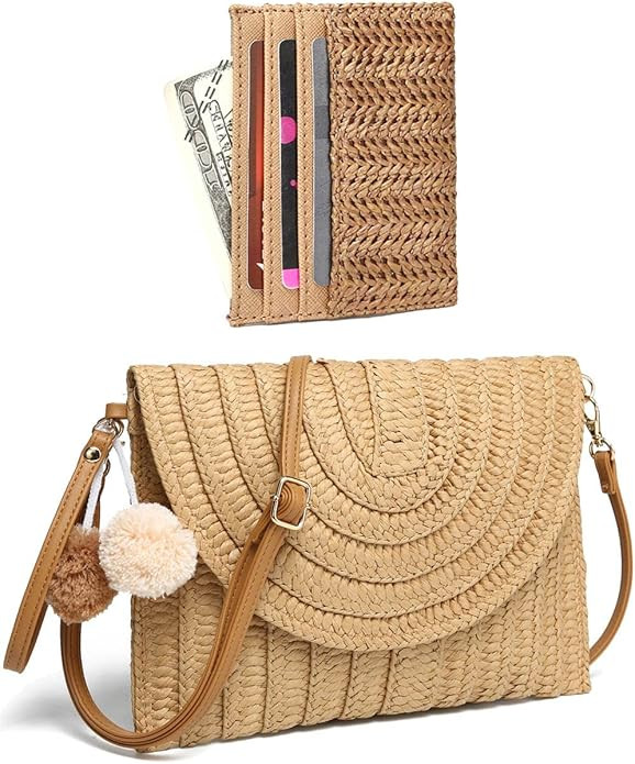 YIKOEE Straw Bag and Card Holder Set for Women Summer Beach Purse Woven Bag With PomPom | Amazon (US)