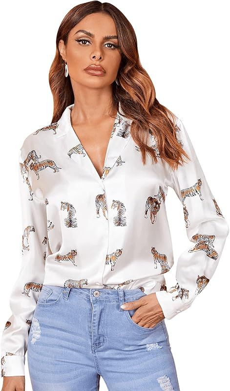 SweatyRocks Women's Chiffon Sexy Leopard V Neck Long Sleeve Blouse Shirt Tops | Amazon (US)