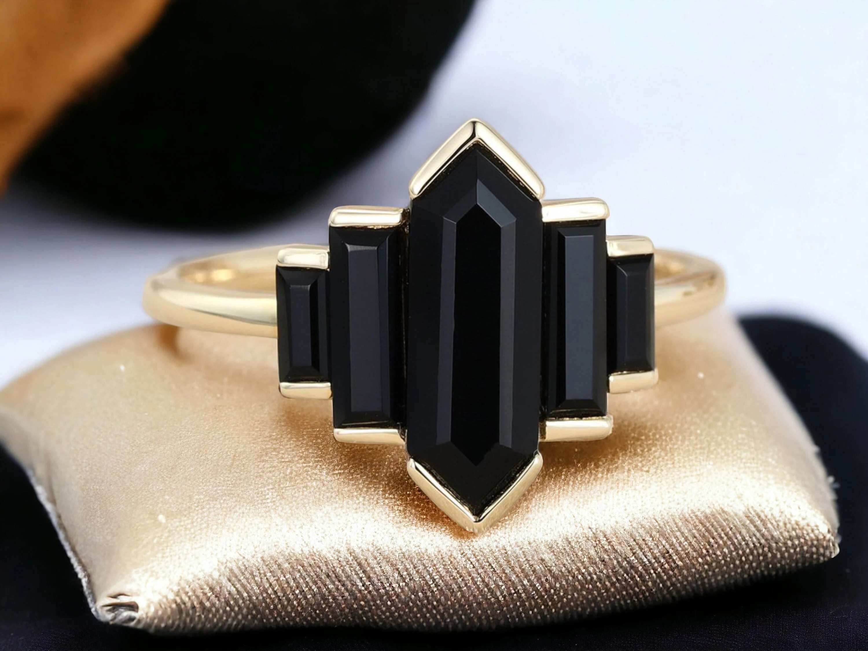 Hexagon Black Onyx Ring: Rose Gold Vintage Bridal Ring | Etsy (Global)