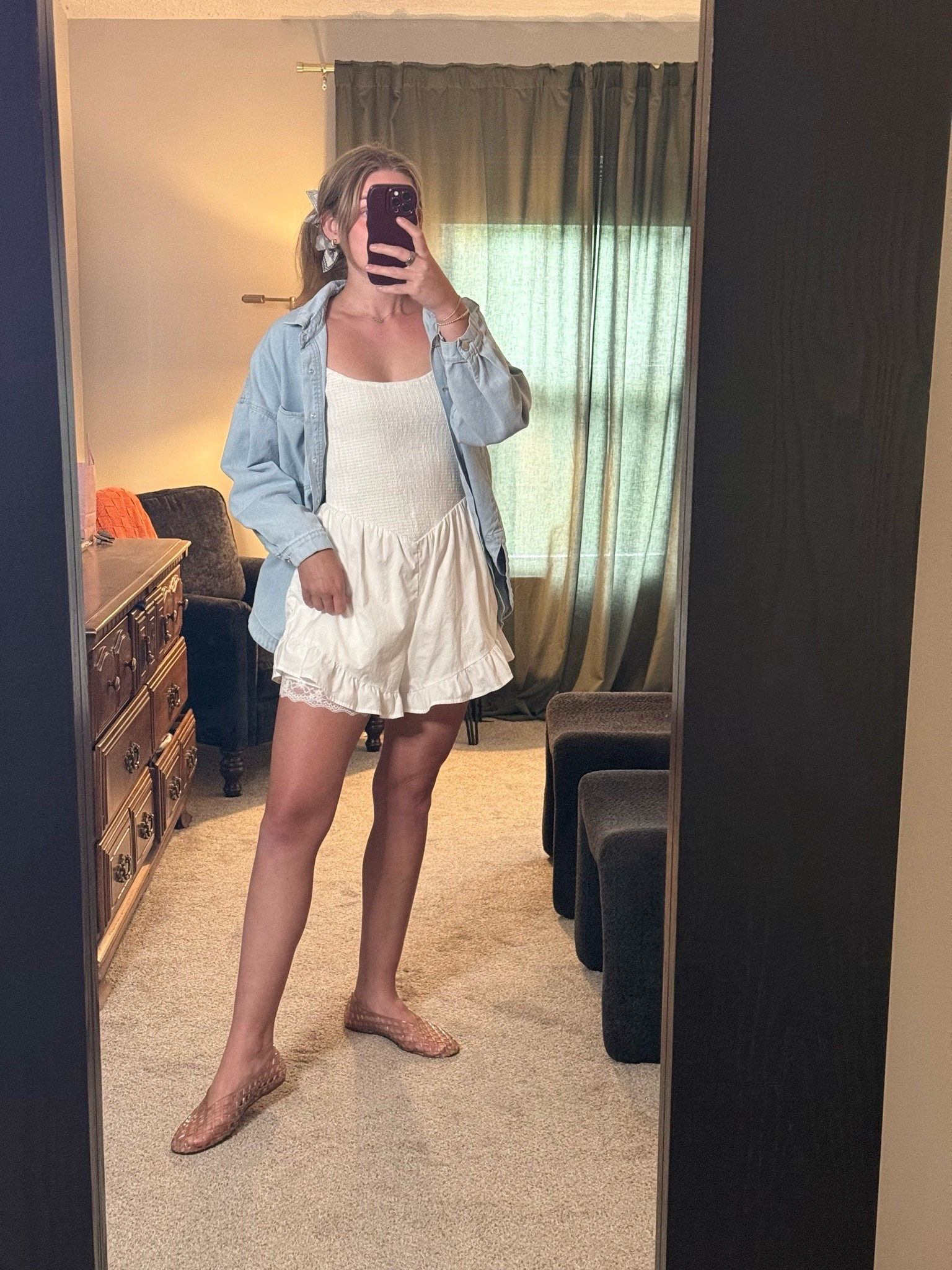 abercrombie white romper, jelly sandals, denim button up, lace slip shorts. the easiest transition outfit for summer days on the go!!

#LTKootd #LTKmomlife #LTKdayinmylife