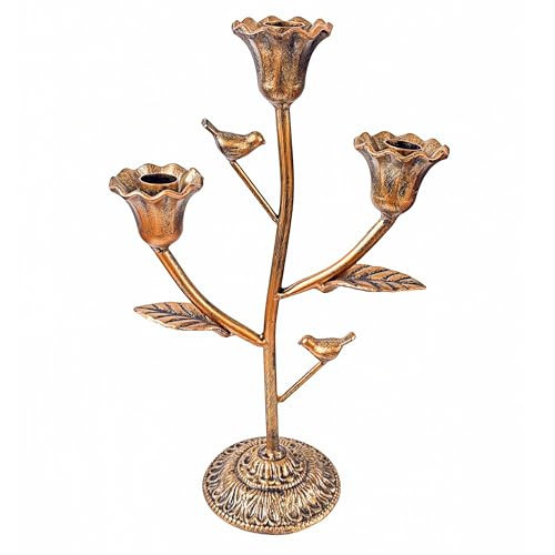 Candle Holder Vintage Candlestick Holder Stand for Stick Taper Candle, 3-Arm Cast Iron Candelabra for Wedding Centerpiece Table Decorations Fireplace Mantel Decor, Antique Gold | Amazon (US)