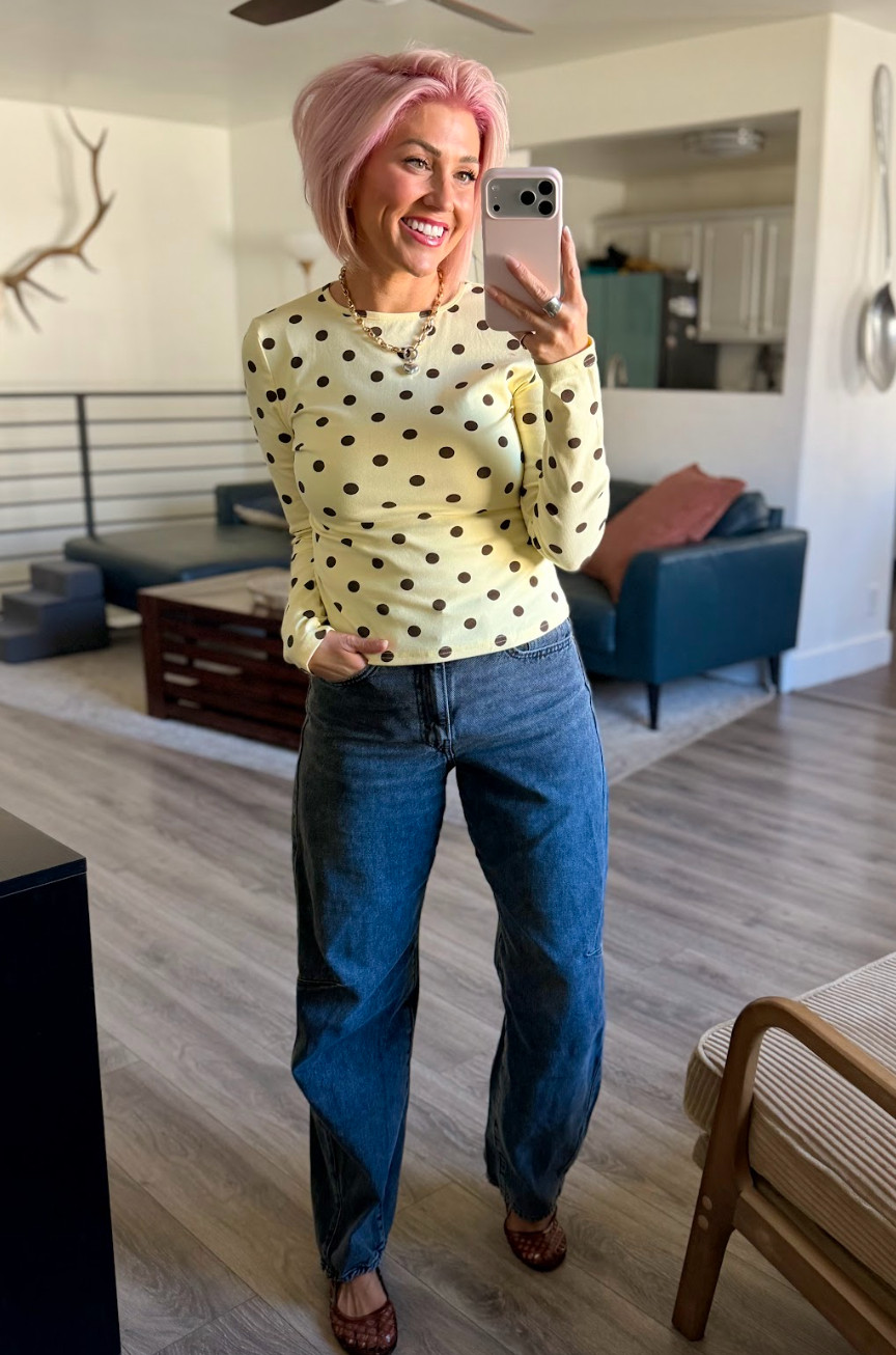 How stinkin' cute is this polka dot top??  Top: Medium // Pants: 27 // Shoes: TTS 

 #LTKootd #LTKOver40 #LTKSaleAlert