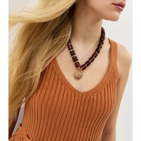 Brown Tortoiseshell Beaded Sun Pendant Necklace New Look | New Look (UK)