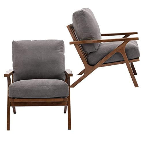 HNY Set of 2 Mid Century Accent Chair, Upholstered Armchair with Wood Frame and Canvas Cushions, Leisure Reading Chair Slipper Chair for Living Room, Bedroom, Gray | Amazon (US)
