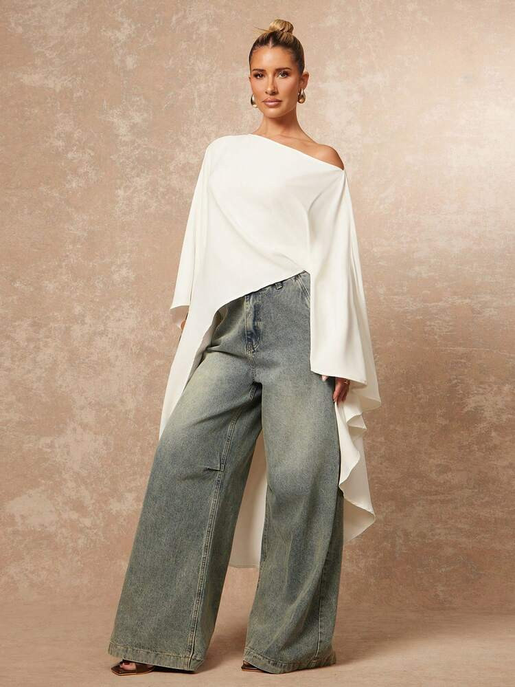 Lumalex New Autumn Elegant Casual Women's Solid Color Asymmetric Hem Loose Fit Casual Long Sleeve Top White Top For Women Luxury Prom Gathering Party Banquet Modest Old Money Glitter Holiday Party Rave Festival Outing Vacation Hot Outdoor Richly Layered Wedding Season Banquet Party New Year Sequin Looks Of Party Gala Night Party Valentine's Day Date For Spring / Summer | SHEIN